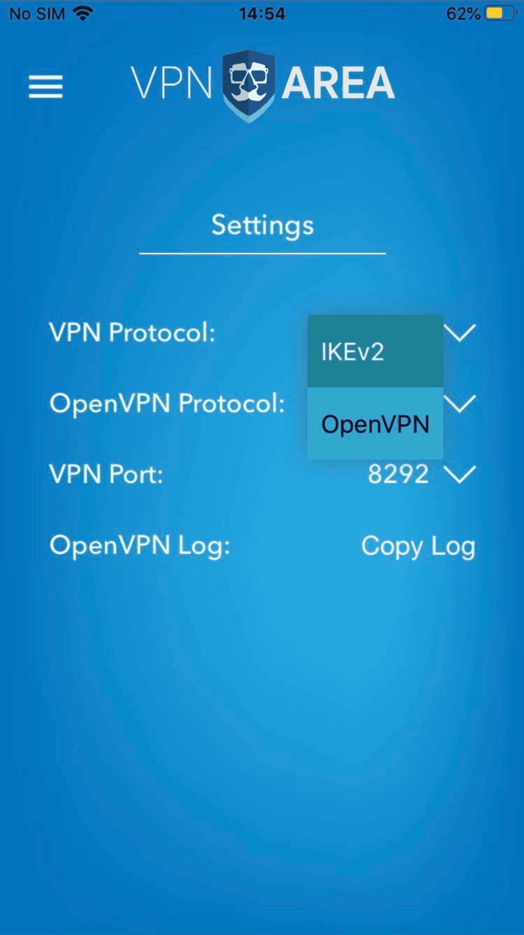 Screenshot of VPNArea's iOS client settings page, showing the option to switch between IKEv2 and OpenVPN.
