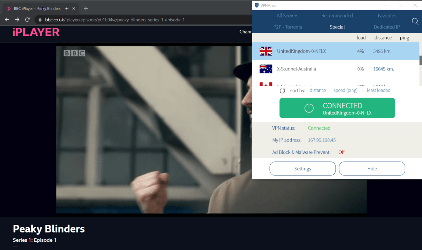 A screenshot of VPNArea connected to a dedicated UK streaming server and unblocking BBC iPlayer. Peaky Blinders in playing on BBC iPlayer.
