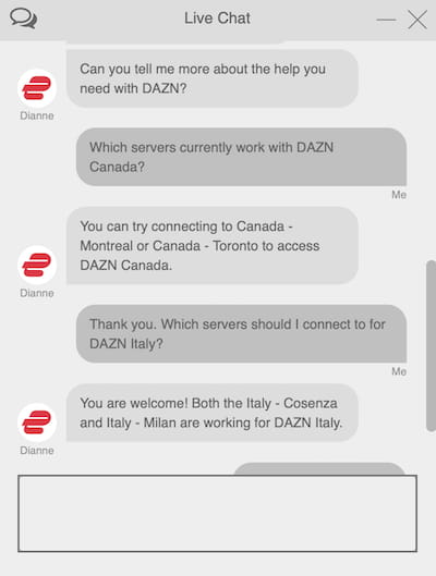 Contacto con el equipo de atención al cliente de ExpressVPN para encontrar un servidor que funcione con DAZN Canadá
