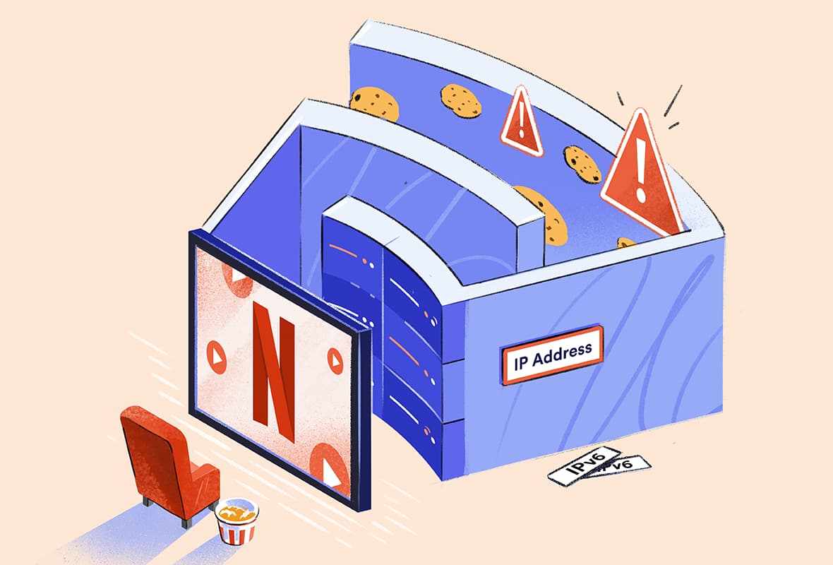 Ilustração de um usuário de VPN tentando solucionar problemas e experimentando alternativas para assistir à Netflix