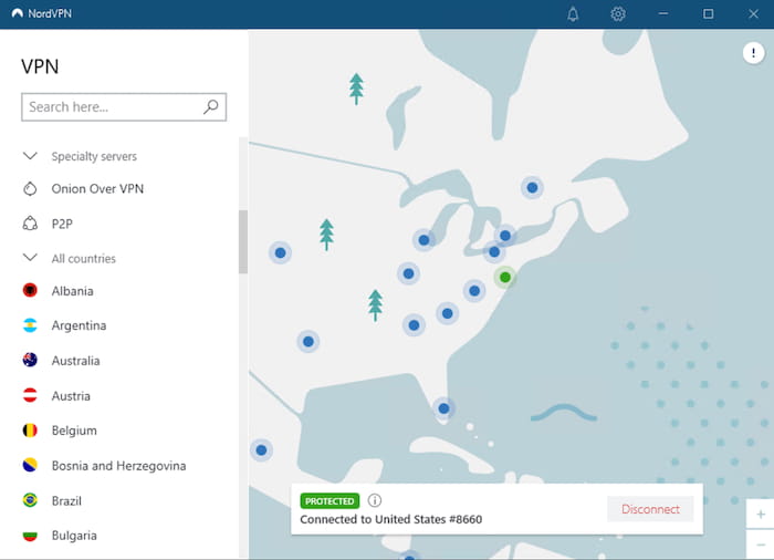 Pantalla principal de la aplicación de NordVPN en Windows