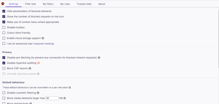 uBlock Origin Settings menu