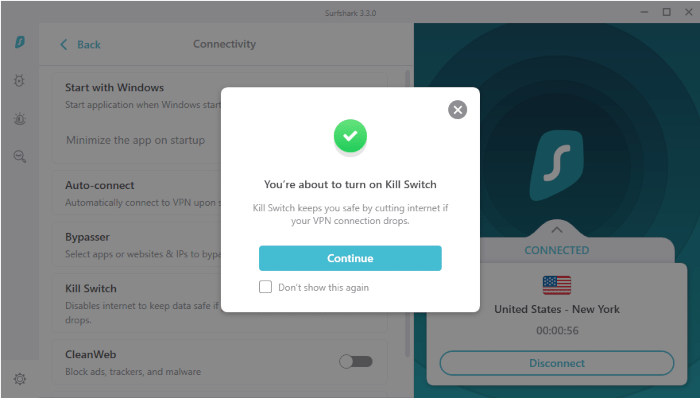 Surfshark 윈도우 클라이언트에서 킬 스위치 활성화