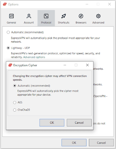 Configuración de cifrado del protocolo Lightway de ExpressVPN.