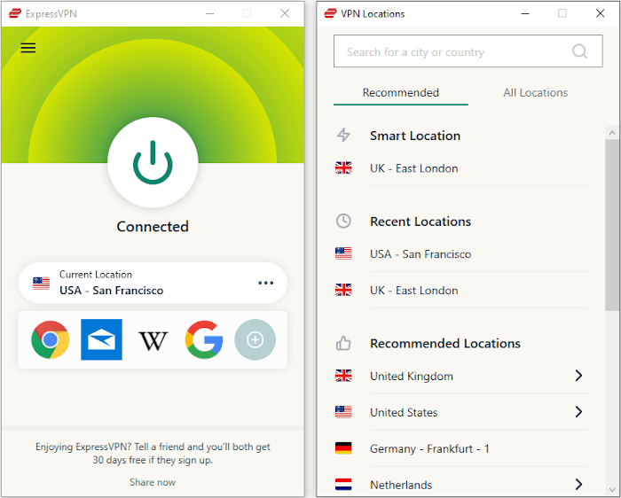 ExpressVPN's server locations list