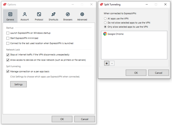 The split tunneling setting in the ExpressVPN PC app