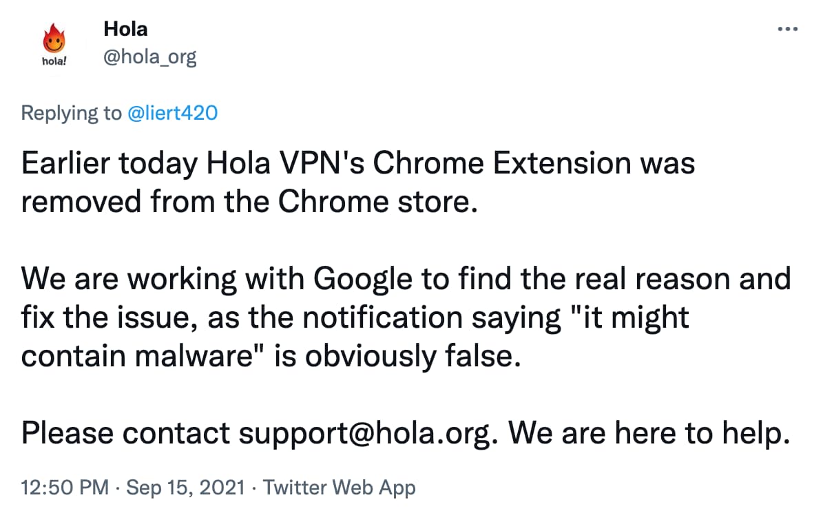 A statement from Hola VPN on Twitter