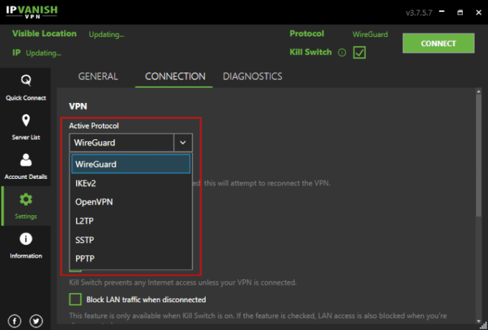 เมนูแบบเลื่อนลงการเลือกโปรโตคอลในแอปพลิเคชัน IPVanish PC