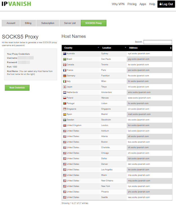 Pestaña de configuración de SOCKS5 de IPVanish