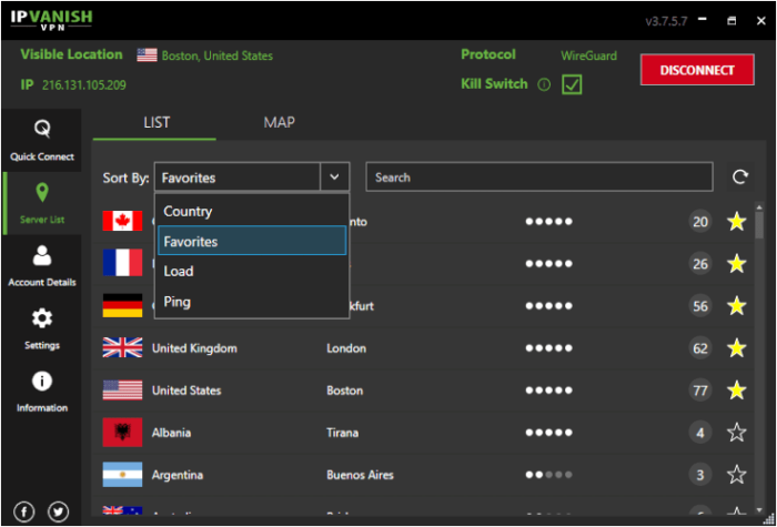 ตำแหน่งเซิร์ฟเวอร์โปรดในไคลเอนต์ IPVanish Windows