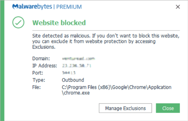 MalwareBytes bloqueó un sitio web malicioso