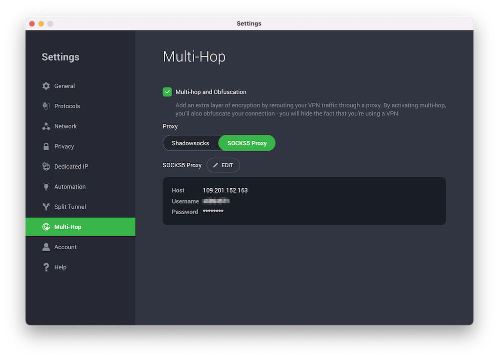 PIA VPN's macOS SOCKS5 menu