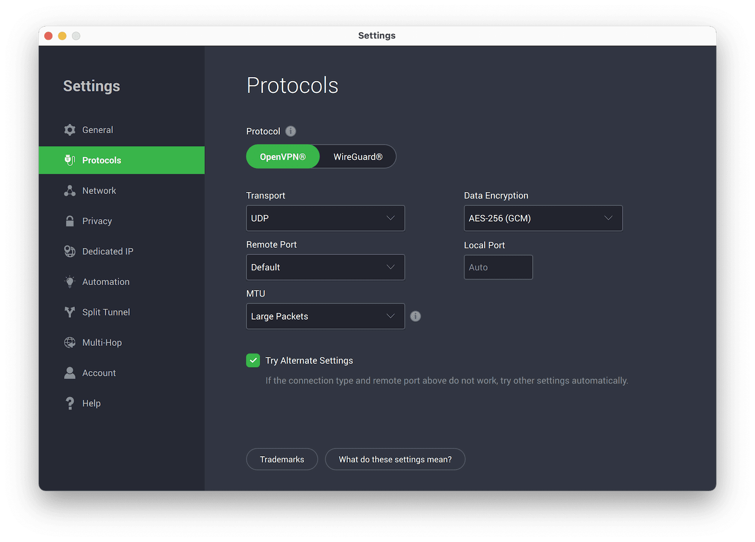 PIA's setting menu on macOS