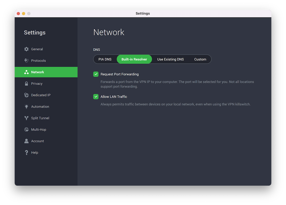 The port forwarding checkbox inside the PIA VPN macOS app 