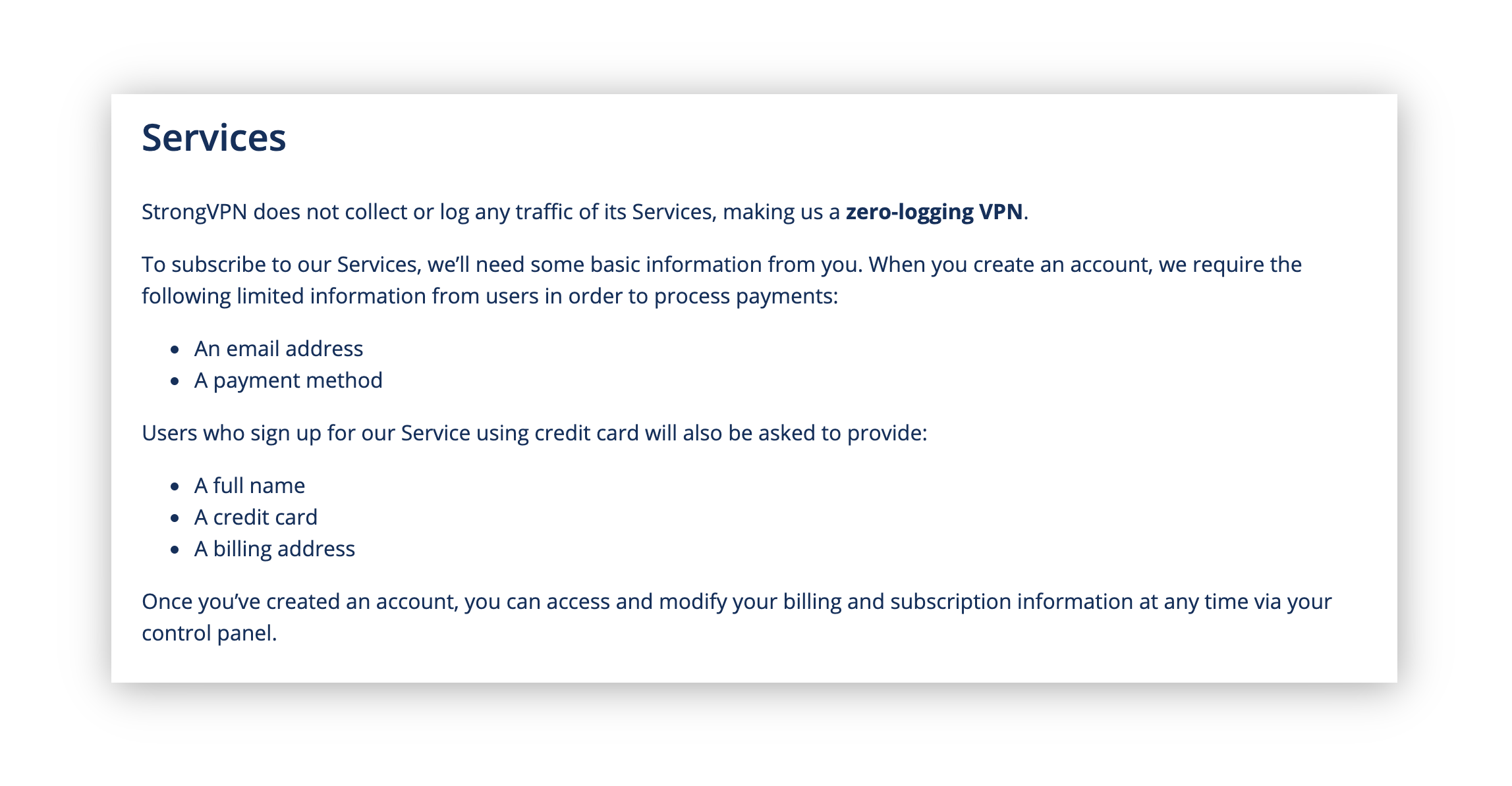 Screenshot of StrongVPN's Privacy Policy, showing that they collect an email address and payment information. 
