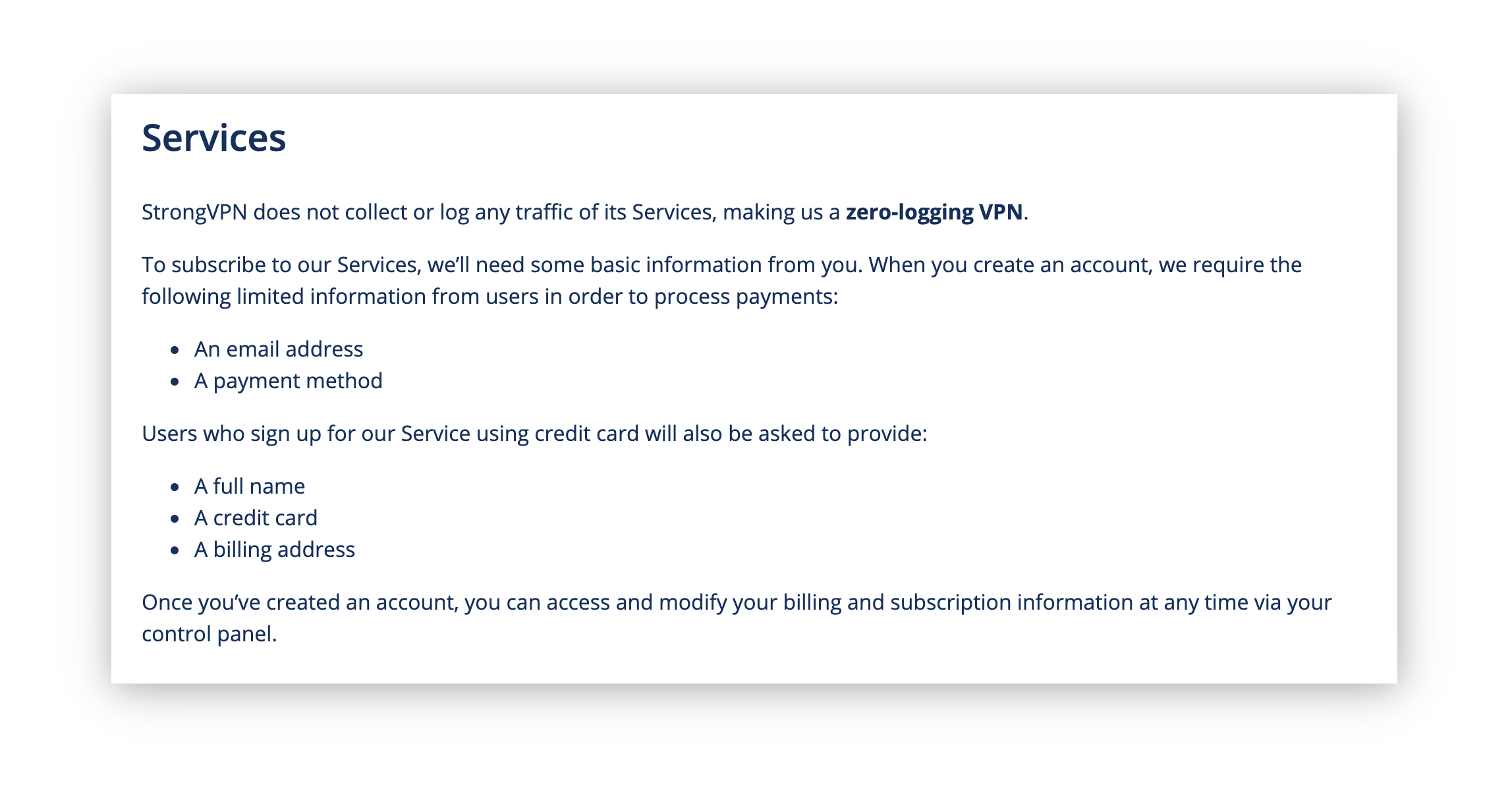 Screenshot of StrongVPN's Privacy Policy, showing that they collect an email address and payment information.