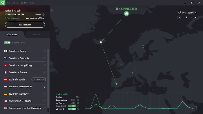 Przełącznik połączenia Secure Core w aplikacji Proton VPN