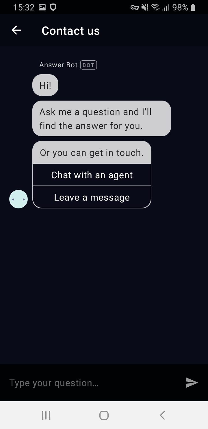Screenshot of StrongVPN's Android app, showing a chat with a bot. There is the option to "Chat with an agent" and "Leave a message."