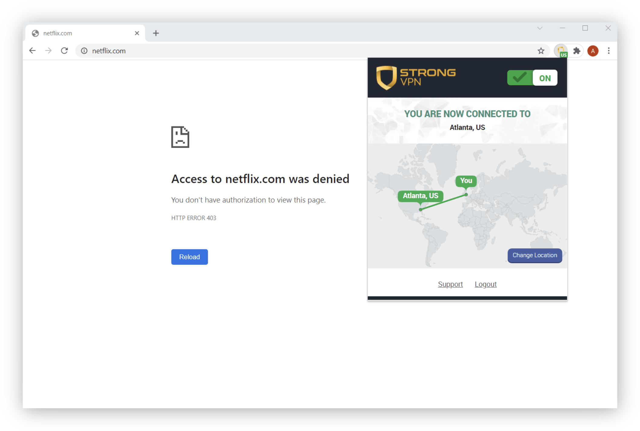 Screenshot of the Chrome browser. StrongVPN's proxy browser extension is enabled and connected from the UK to Atlanta, US. The browser shows "Access to netflix.com was denied."