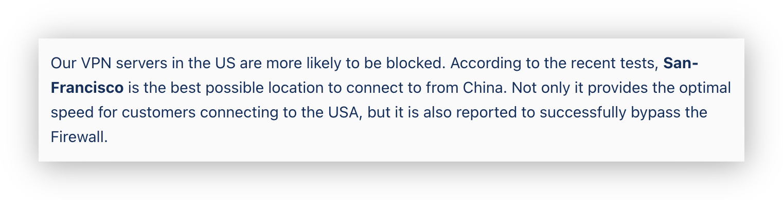 Screenshot of advice on StrongVPN's website to use its San Francisco server to bypass China's firewall. 