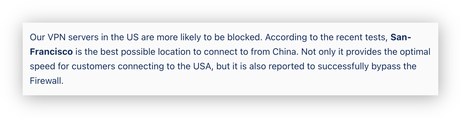 Screenshot of advice on StrongVPN's website to use its San Francisco server to bypass China's firewall.