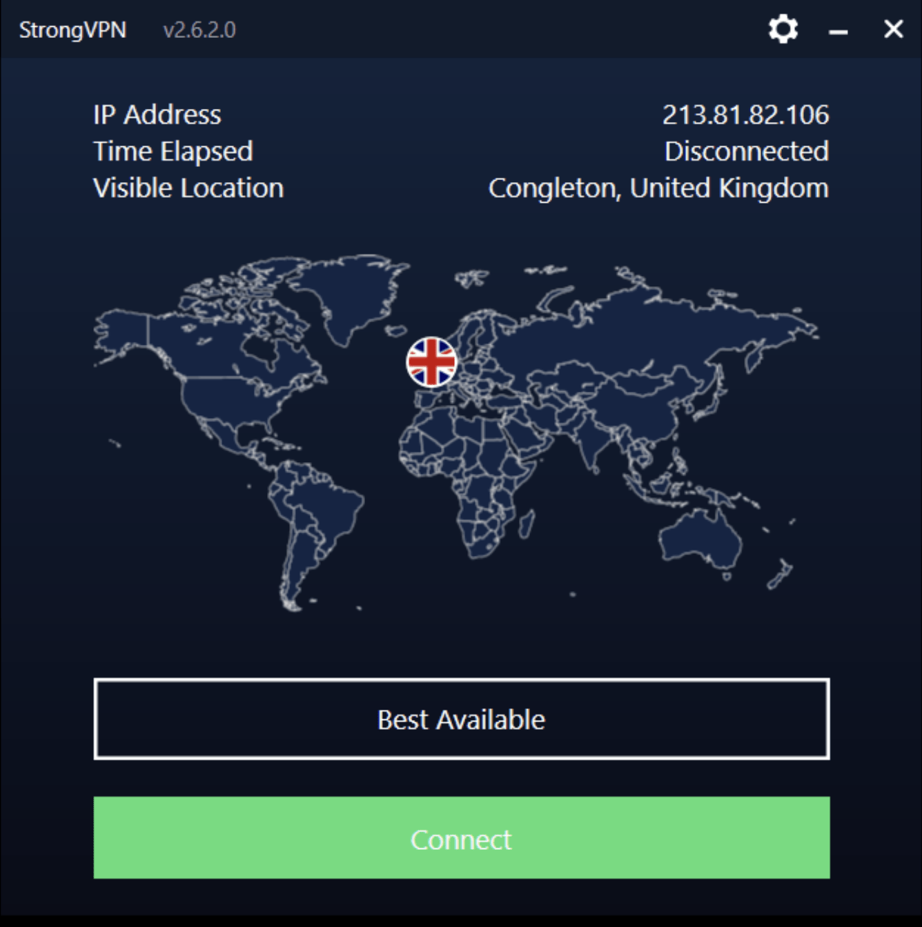สกรีนช็อตของไคลเอนต์ Windows ของ StrongVPN 