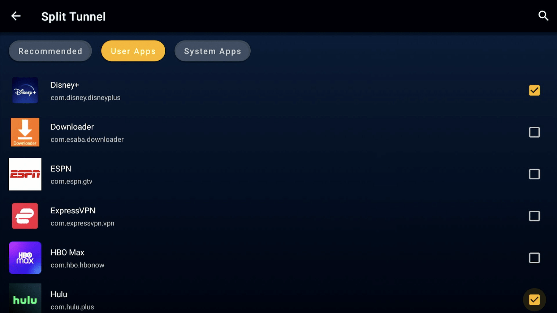 Screenshot of the Split tunnel feature in StrongVPN's Fire TV app.