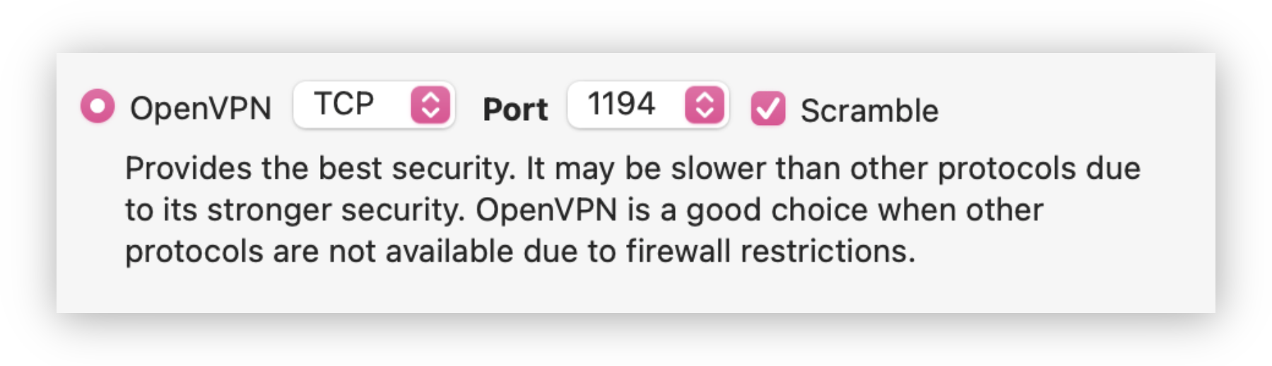 Screenshot of StrongVPN's settings, showing their Scramble feature on OpenVPN. The screenshot is taken on macOS. 