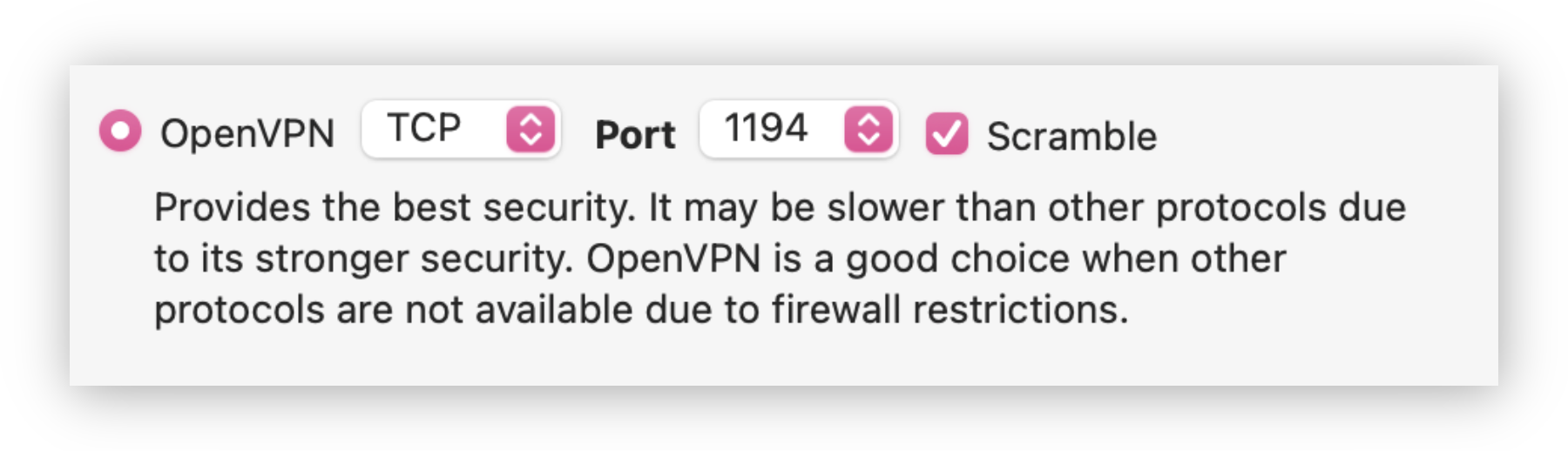 Screenshot of StrongVPN's settings, showing their Scramble feature on OpenVPN. The screenshot is taken on macOS.