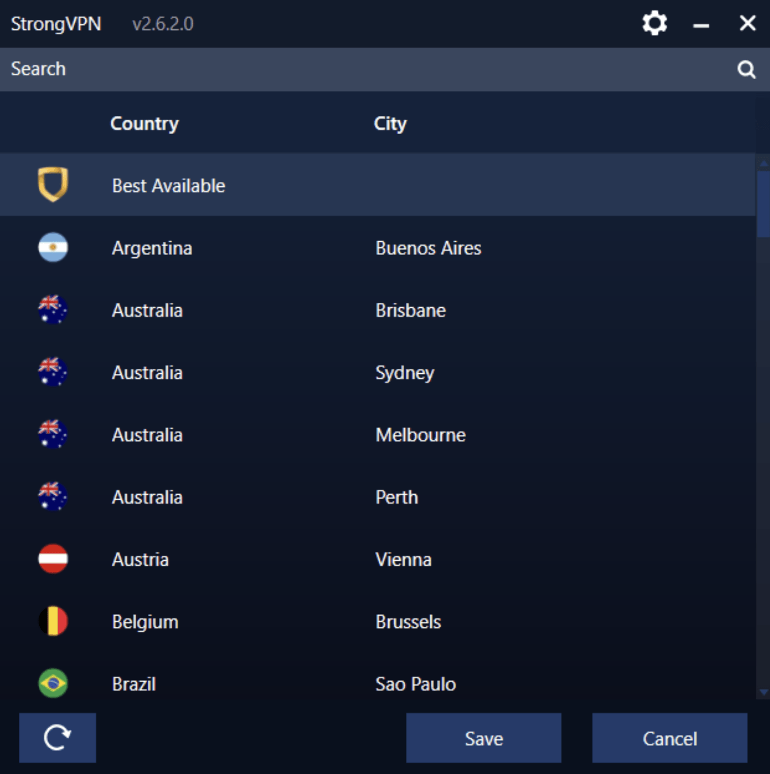 Screenshot of StrongVPN's Windows client. It shows a list of servers available. 