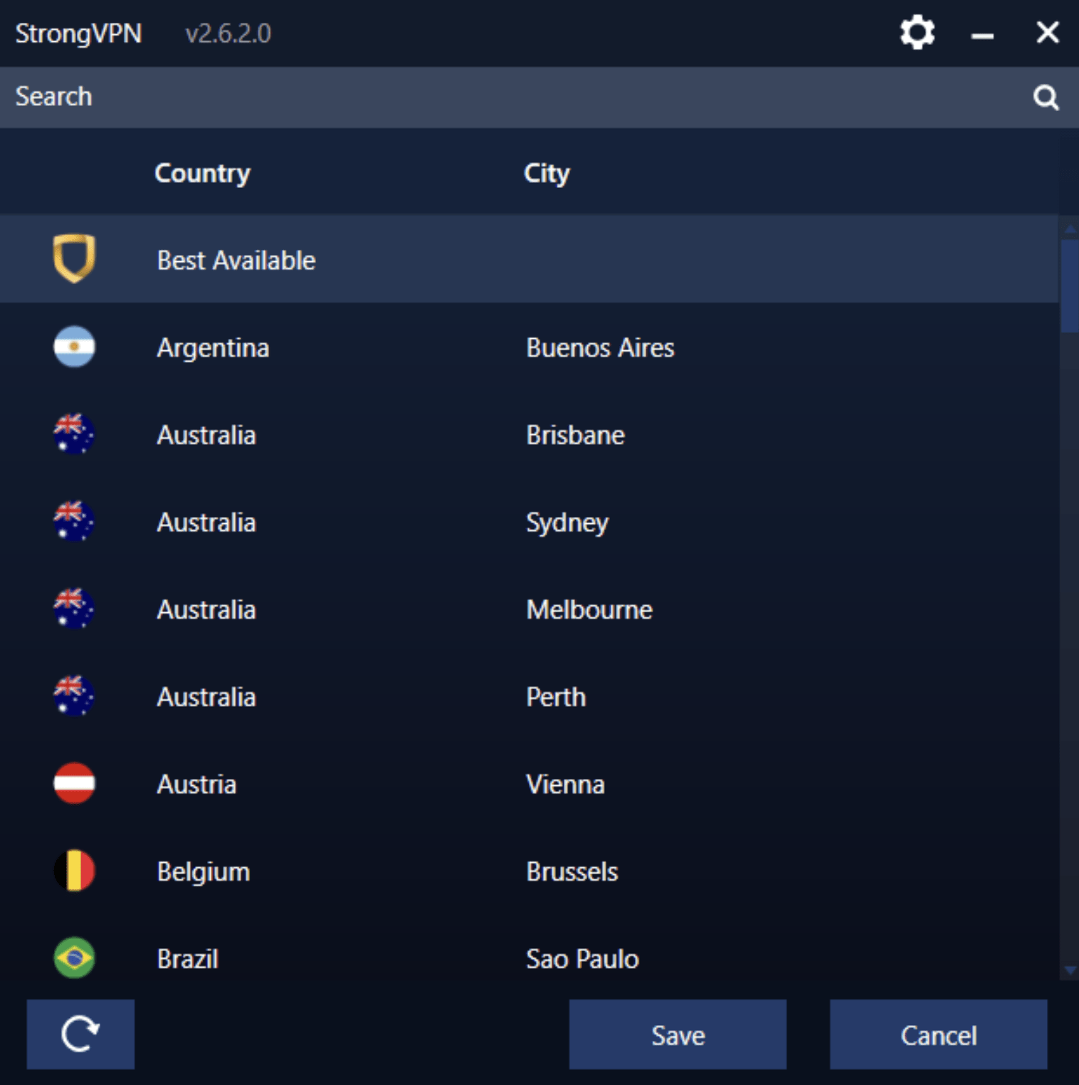Screenshot of StrongVPN's Windows client. It shows a list of servers available.