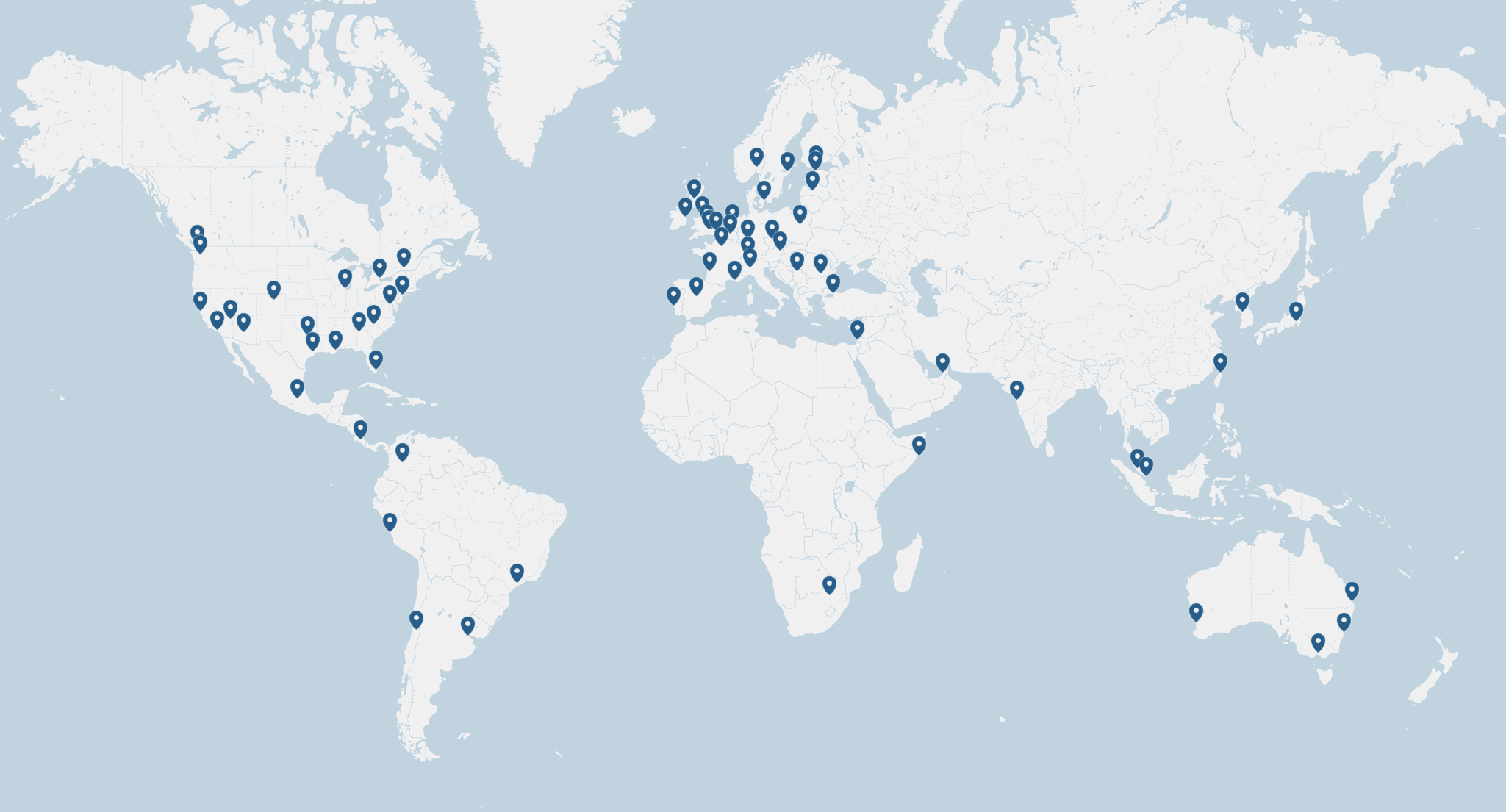 "Screenshot of a map on StrongVPN's website. Cities with a server are marked on the map.