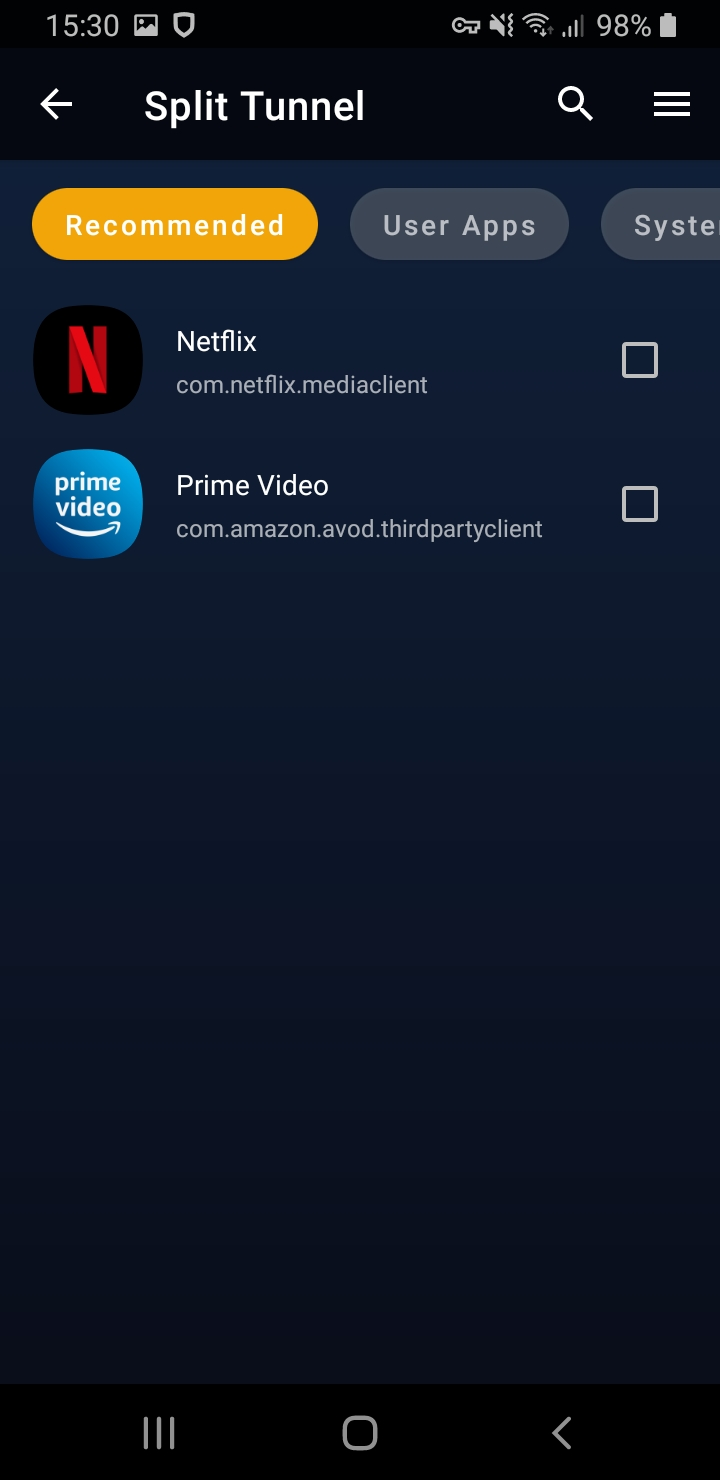 ภาพหน้าจอของแอป Android ของ StrongVPN จะแสดงหน้าการแยกช่องสัญญาณซึ่งคุณสามารถเลือกบางแอปพลิเคชันเพื่อกำหนดเส้นทางการเชื่อมต่อผ่าน VPN 