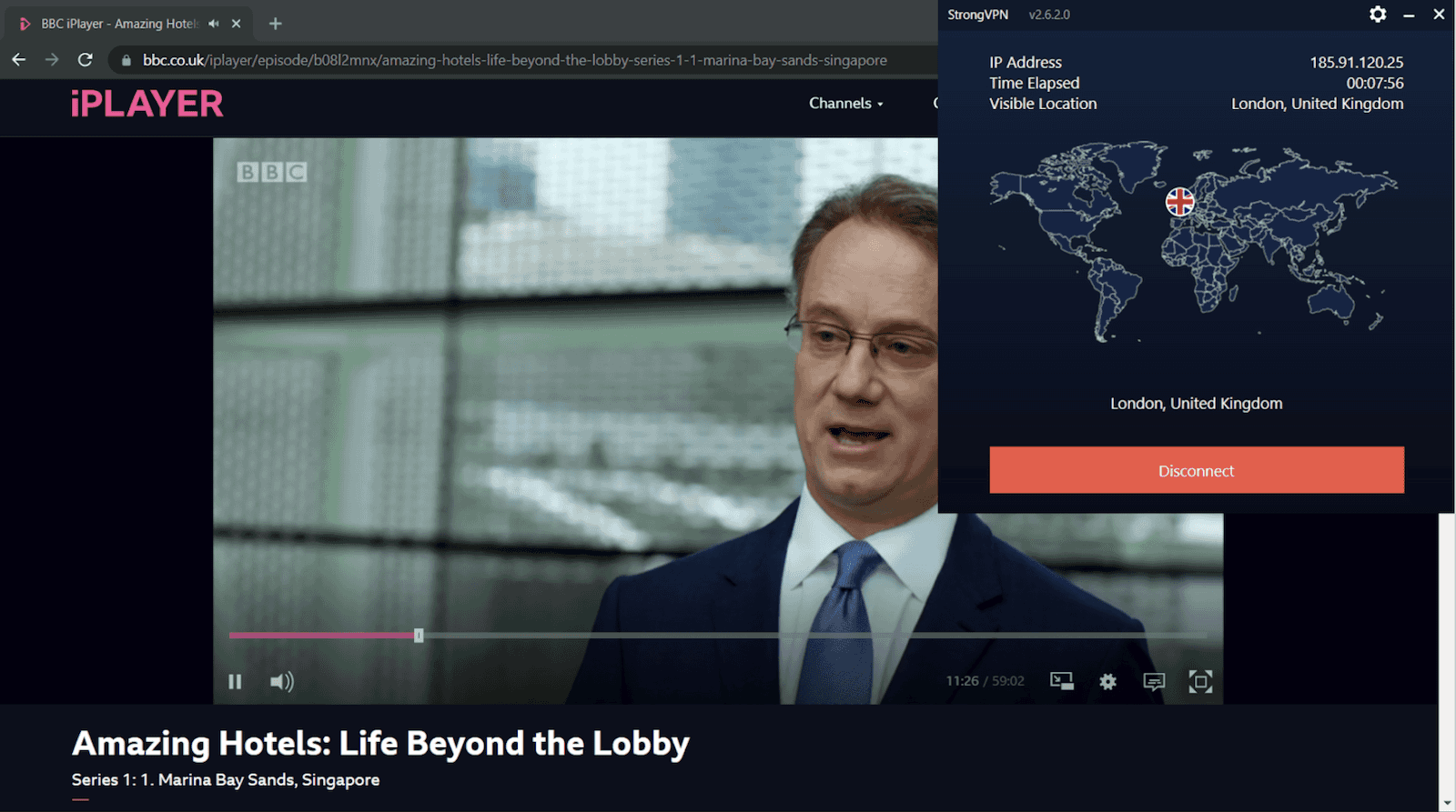 StrongVPN unblocking BBC iPlayer on its London server.