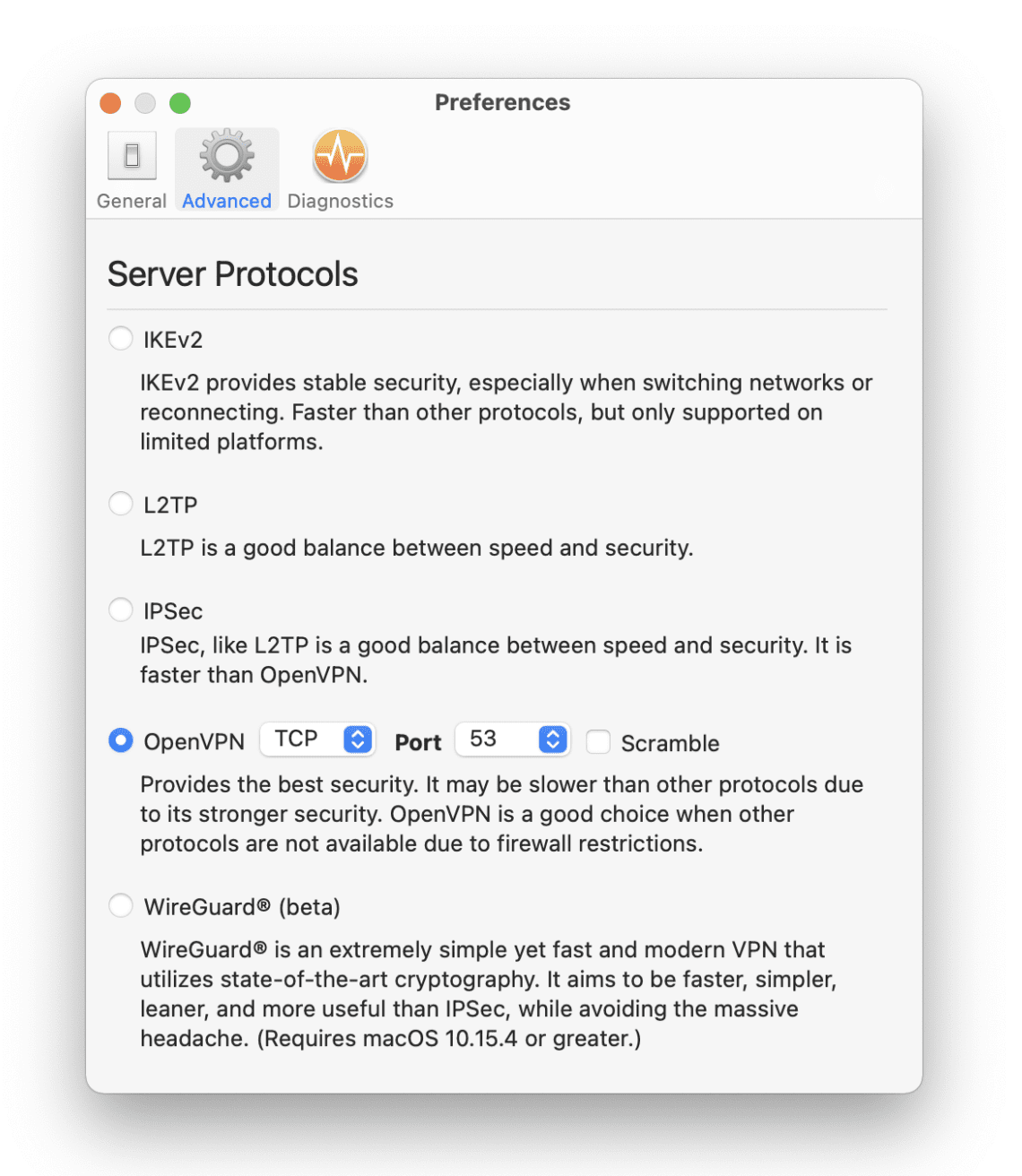 A screenshot of the settings on StrongVPN’s macOS client.