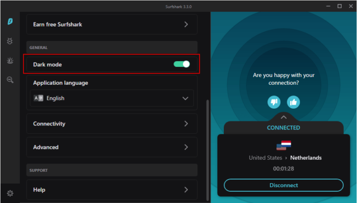 La aplicación de Surfshark en Windows en Modo Oscuro
