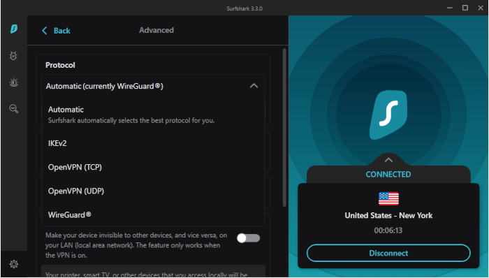 Protocol selection in the Surfshark Windows client