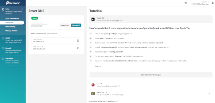 The Smart DNS settings page in our Surfshark account