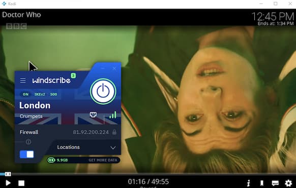 Captura de pantalla de Windscribe Gratis funcionando con la extensión de BBC iPlayer para Kodi