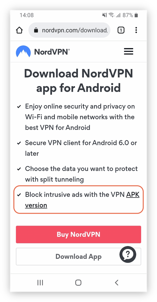 NordVPN's page to download its APK file
