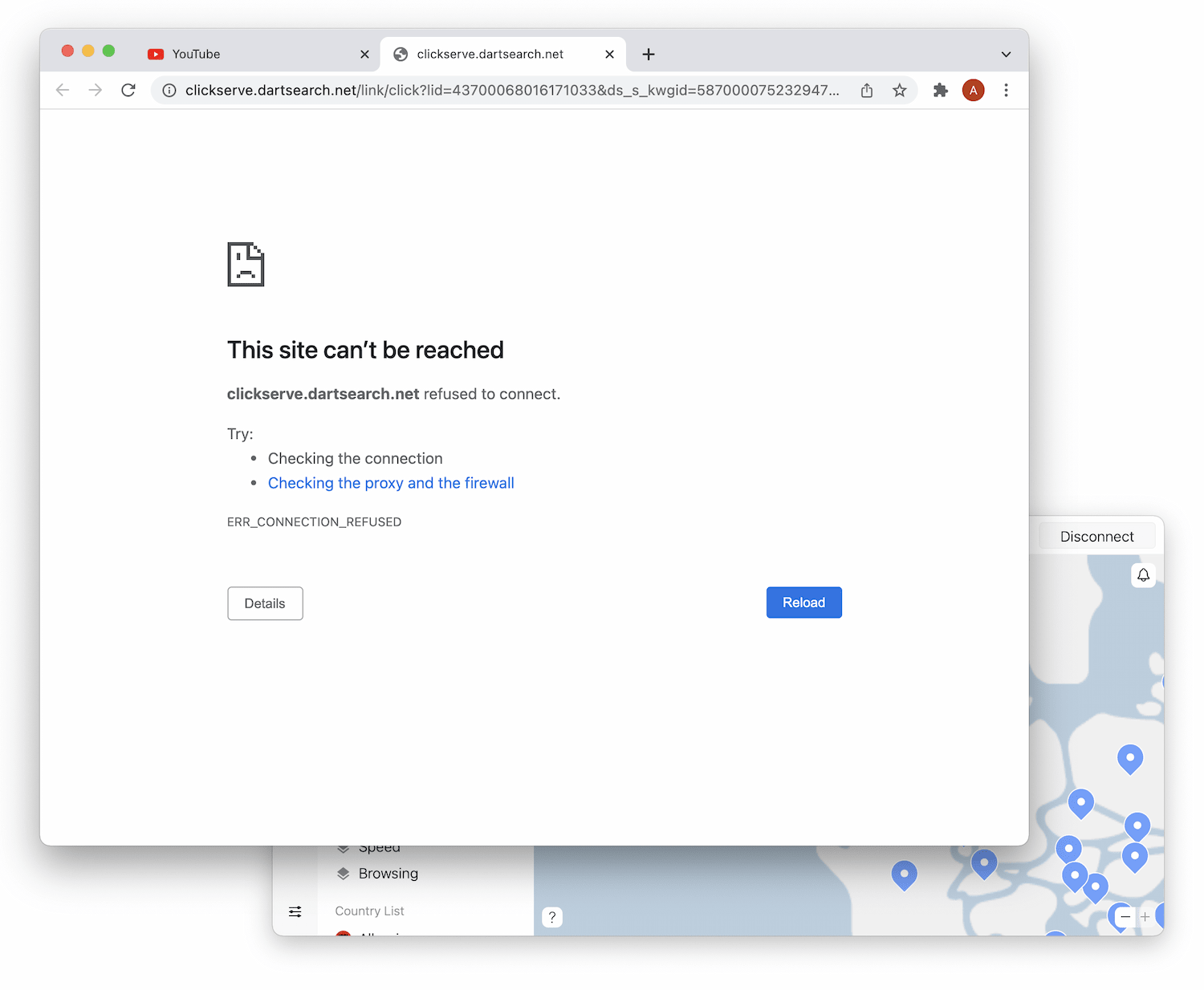 Two windows are open. One shows NordVPN is connected to a server in the UK. The other is a Google Chrome window with a website blocked. 