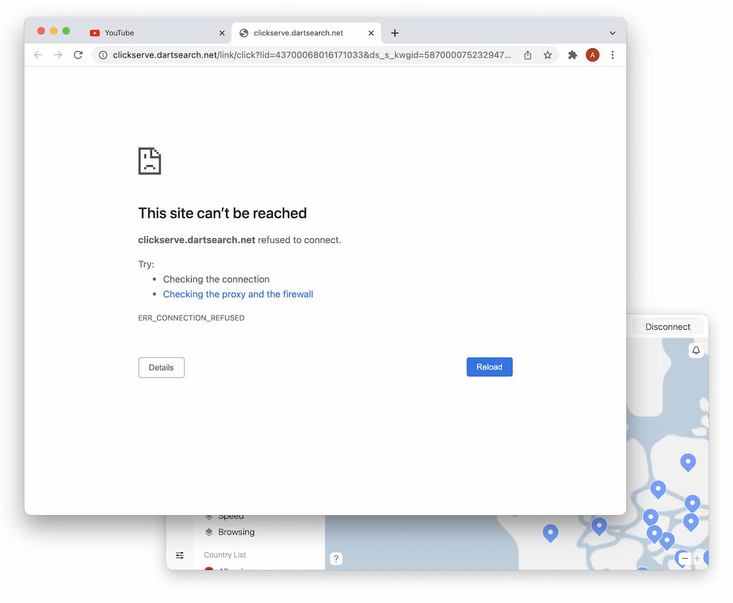 Two windows are open. One shows NordVPN is connected to a server in the UK. The other is a Google Chrome window with a website blocked.