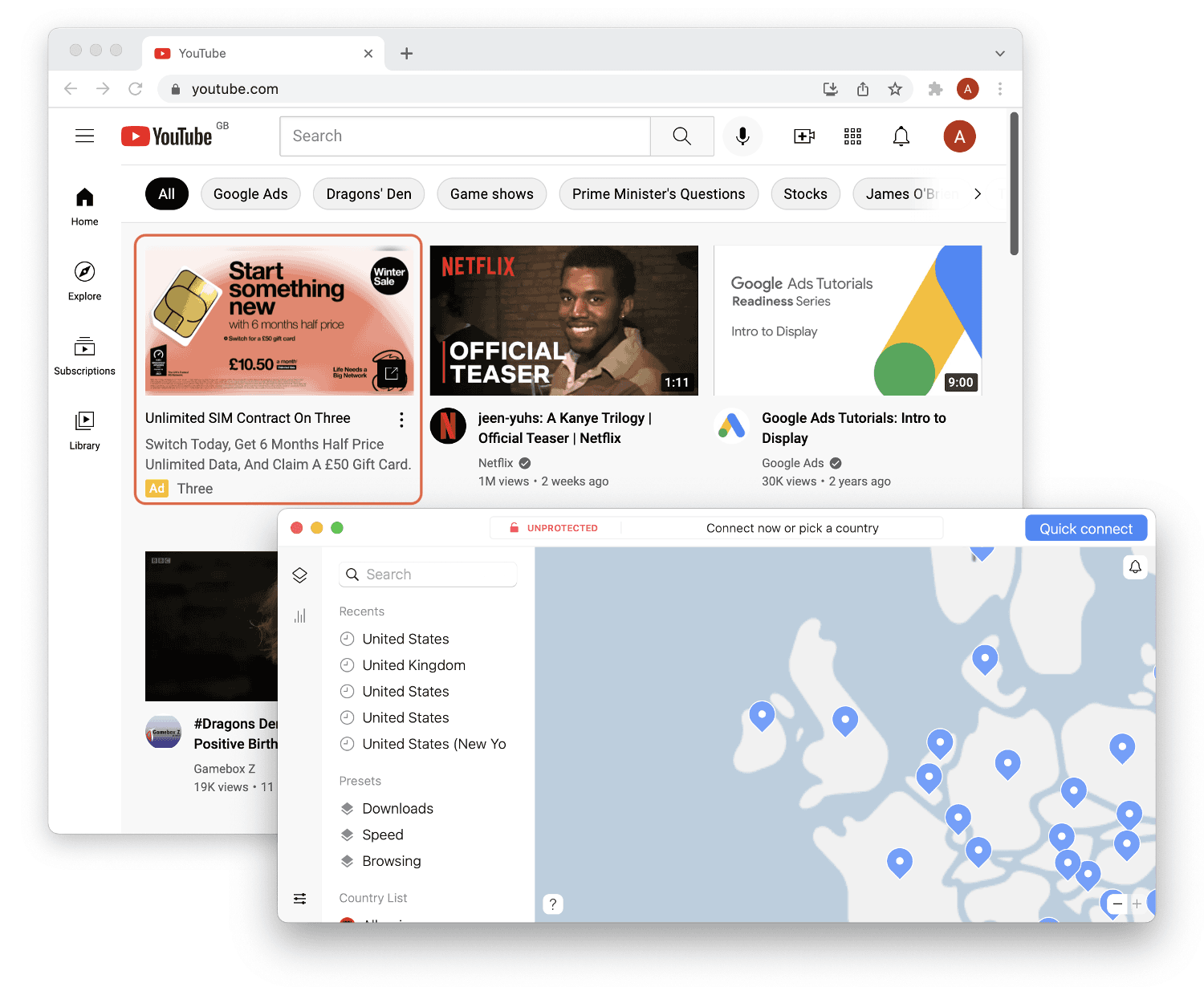 Image shows two windows. One shows an ad on YouTube. Another is NordVPN, it is not connected to a server. 