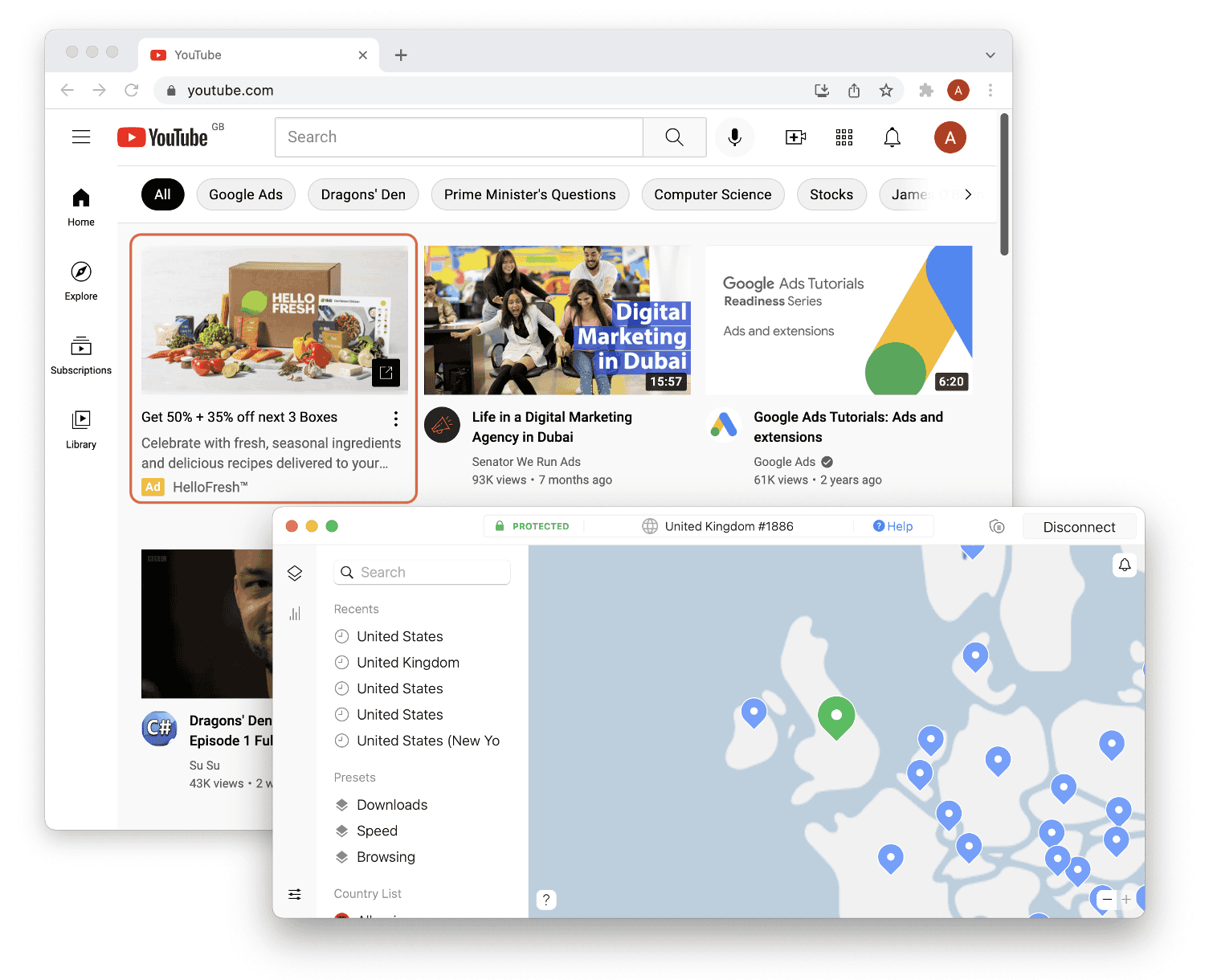Overlay windows with YouTube showing an ad and NordVPN connected to the UK. 