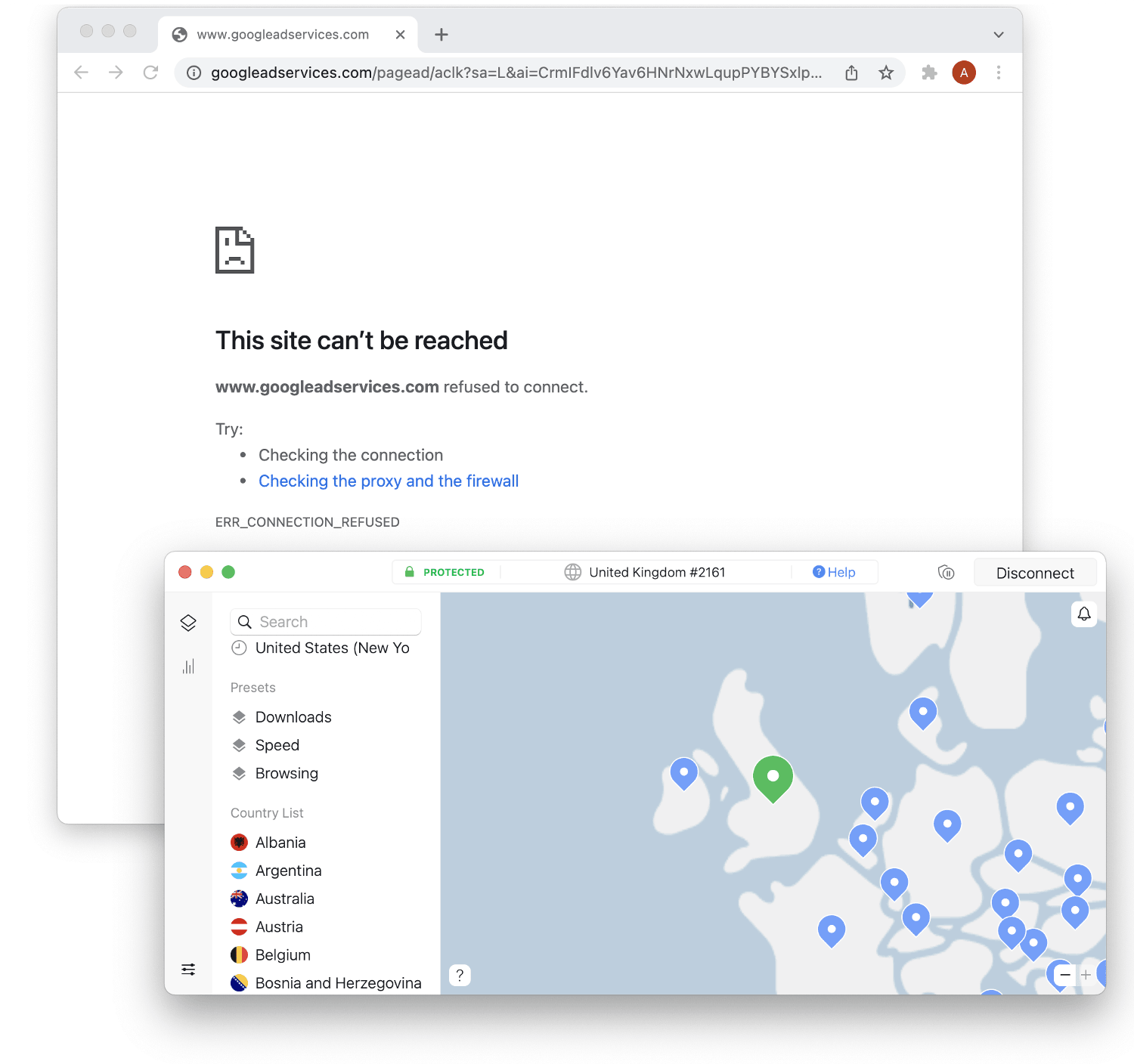 After enabling CyberSec and connecting to a server, NordVPN blocks ad hostnames. 