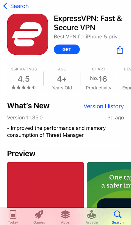 ExpressVPN en la App Store de iOS