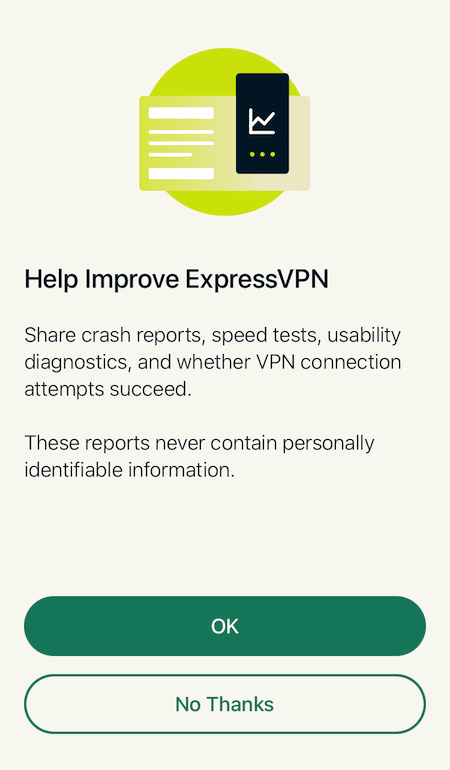 Diálogo de análisis móvil de ExpressVPN en iOS