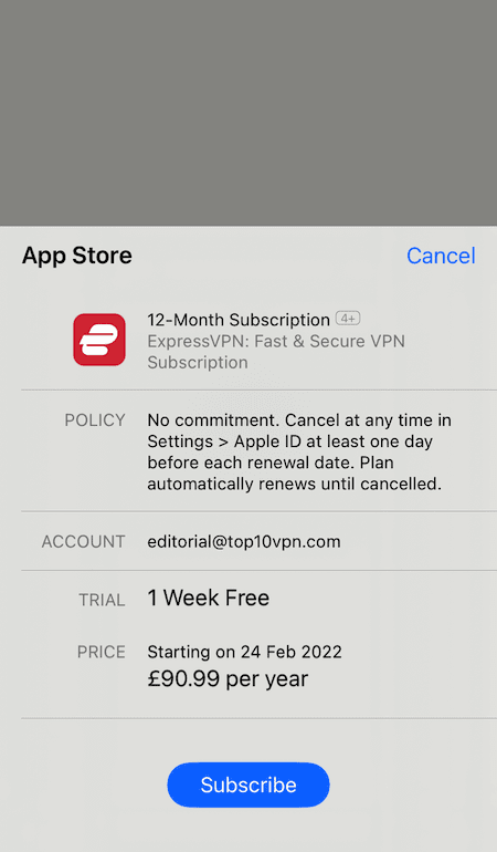 Okno dialogowe potwierdzenia okresu próbnego ExpressVPN w systemie iOS