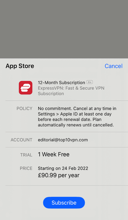 Finestra di dialogo di conferma di iOS per ExpressVPN