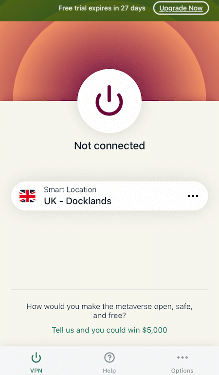 ExpressVPN iOS home screen with trial banner